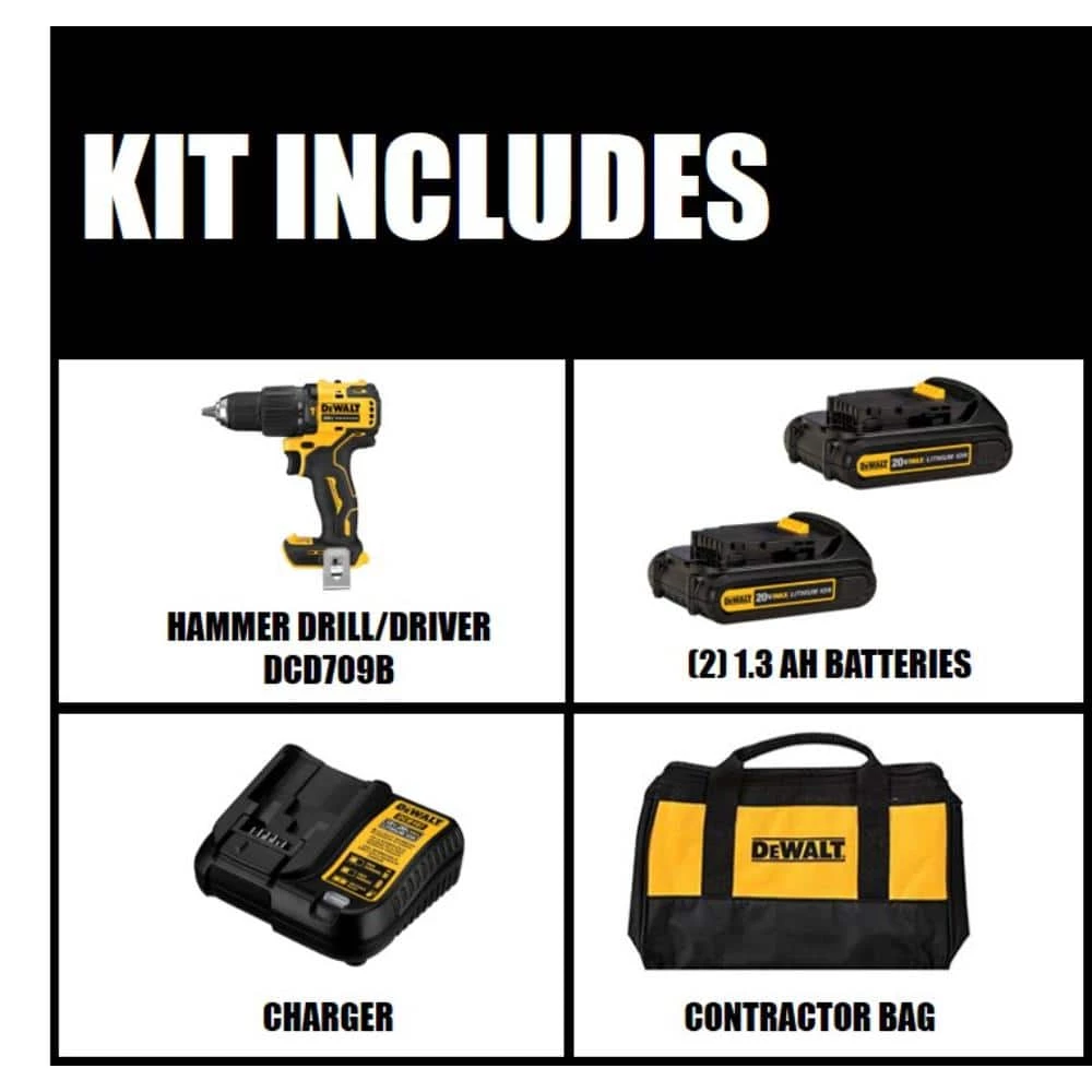 DEWALT ATOMIC 20-Volt MAX Cordless Brushless Compact 1/2 in. Hammer Drill, (2) 20-Volt 1.3Ah Batteries, Charger & Bag 2 DEWALT ATOMIC 20-Volt MAX Cordless Brushless Compact 1/2 in. Hammer Drill, (2) 20-Volt 1.3Ah Batteries, Charger & Bag - Image 2