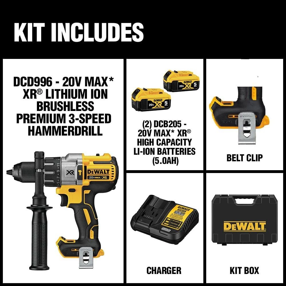 DEWALT 20-Volt MAX XR Cordless Brushless 3-Speed 1/2 in. Hammer Drill with (2) 20-Volt 5.0Ah Batteries & Charger 2 DEWALT 20-Volt MAX XR Cordless Brushless 3-Speed 1/2 in. Hammer Drill with (2) 20-Volt 5.0Ah Batteries & Charger - Image 2