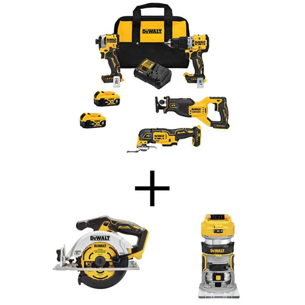 DEWALT 20V MAX Lithium-Ion Cordless Brushless Combo Kit (4-Tool), 20V Brushless 6-1/2 in. Circular Saw & 20V Compact Router 1 DEWALT 20V MAX Lithium-Ion Cordless Brushless Combo Kit (4-Tool), 20V Brushless 6-1/2 in. Circular Saw & 20V Compact Router