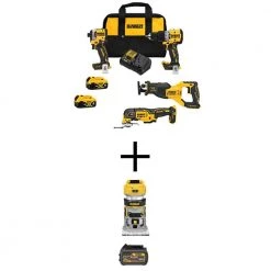 DEWALT 20V MAX Lithium-Ion Cordless Brushless Combo Kit (4-Tool) and 20V Compact Router with 6Ah Battery and (2) 4Ah Batteries