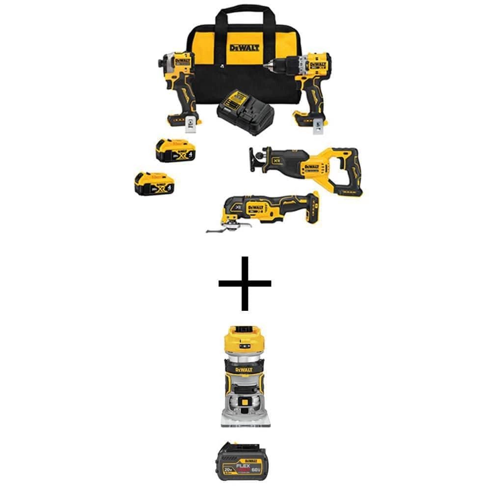 DEWALT 20V MAX Lithium-Ion Cordless Brushless Combo Kit (4-Tool) and 20V Compact Router with 6Ah Battery and (2) 4Ah Batteries 1 DEWALT 20V MAX Lithium-Ion Cordless Brushless Combo Kit (4-Tool) and 20V Compact Router with 6Ah Battery and (2) 4Ah Batteries