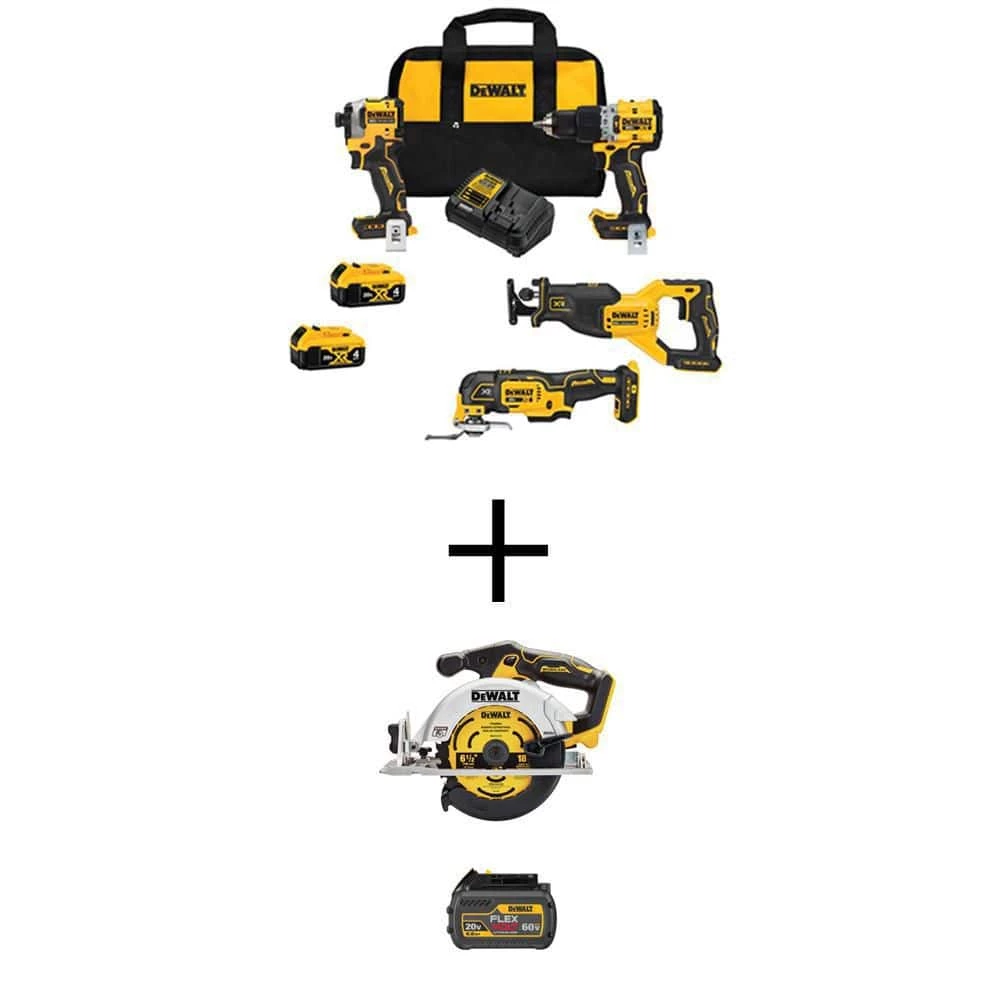 DEWALT 20V MAX Lithium-Ion Cordless Brushless Combo Kit (4-Tool) and 6-1/2 in. Circular Saw w/6Ah Battery & (2) 4Ah Batteries 1 DEWALT 20V MAX Lithium-Ion Cordless Brushless Combo Kit (4-Tool) and 6-1/2 in. Circular Saw w/6Ah Battery & (2) 4Ah Batteries