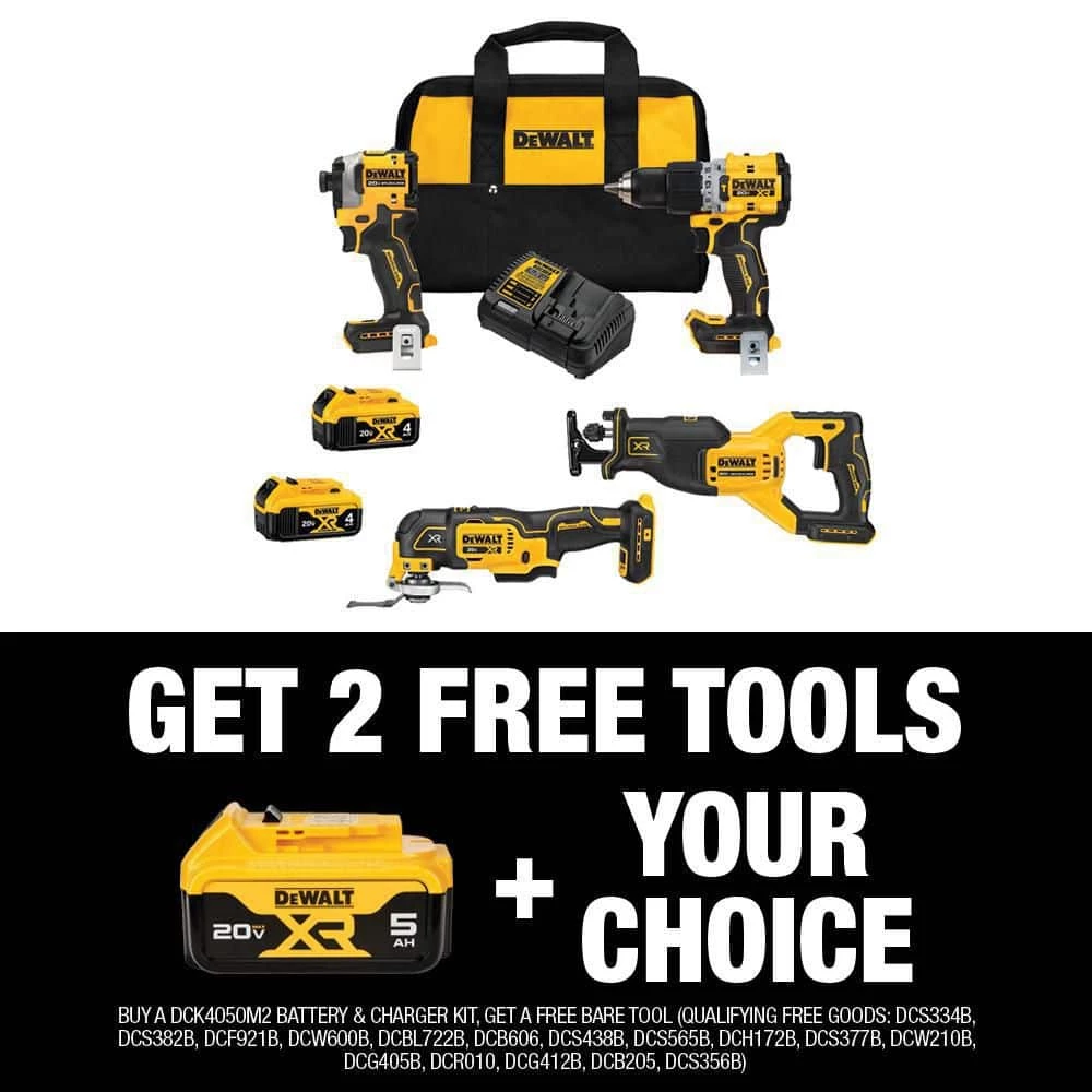 DEWALT 20V MAX Lithium-Ion Cordless Brushless Combo Kit (4-Tool) with 5.0 Ah Battery, (2) 4.0 Ah Batteries, Charger and Kit Bag 1 DEWALT 20V MAX Lithium-Ion Cordless Brushless Combo Kit (4-Tool) with 5.0 Ah Battery, (2) 4.0 Ah Batteries, Charger and Kit Bag