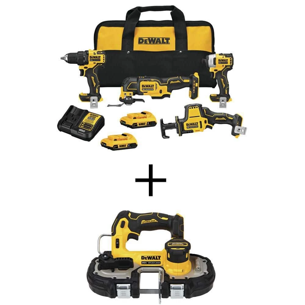 DEWALT ATOMIC 20V MAX Cordless Brushless Combo Kit (4-Tool) and ATOMIC 20V MAX Cordless Brushless Compact 1-3/4 in. Bandsaw 1 DEWALT ATOMIC 20V MAX Cordless Brushless Combo Kit (4-Tool) and ATOMIC 20V MAX Cordless Brushless Compact 1-3/4 in. Bandsaw