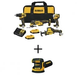 DEWALT ATOMIC 20V MAX Cordless Brushless Combo Kit (4-Tool) and 20V MAX XR Cordless Brushless 5 in. Random Orbital Sander