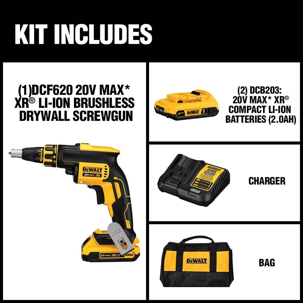 DEWALT 20-Volt MAX XR Cordless Brushless Drywall Screw Gun with (2) 20-Volt 2.0Ah Batteries & Charger 2 DEWALT 20-Volt MAX XR Cordless Brushless Drywall Screw Gun with (2) 20-Volt 2.0Ah Batteries & Charger - Image 2